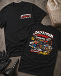 Front and back of Jackedman Timmy Hauling Co. black T-shirt with chest logo, man beside an overloaded trailer, and “If it fits, it ships. If it doesn’t, send it.” slogan.