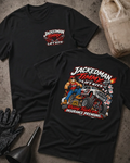 Front and back of Jackedman Timmy Lift Kits black T-shirt with chest logo, muscular man beside a lifted truck, and “Raising trucks and insurance premiums” slogan.