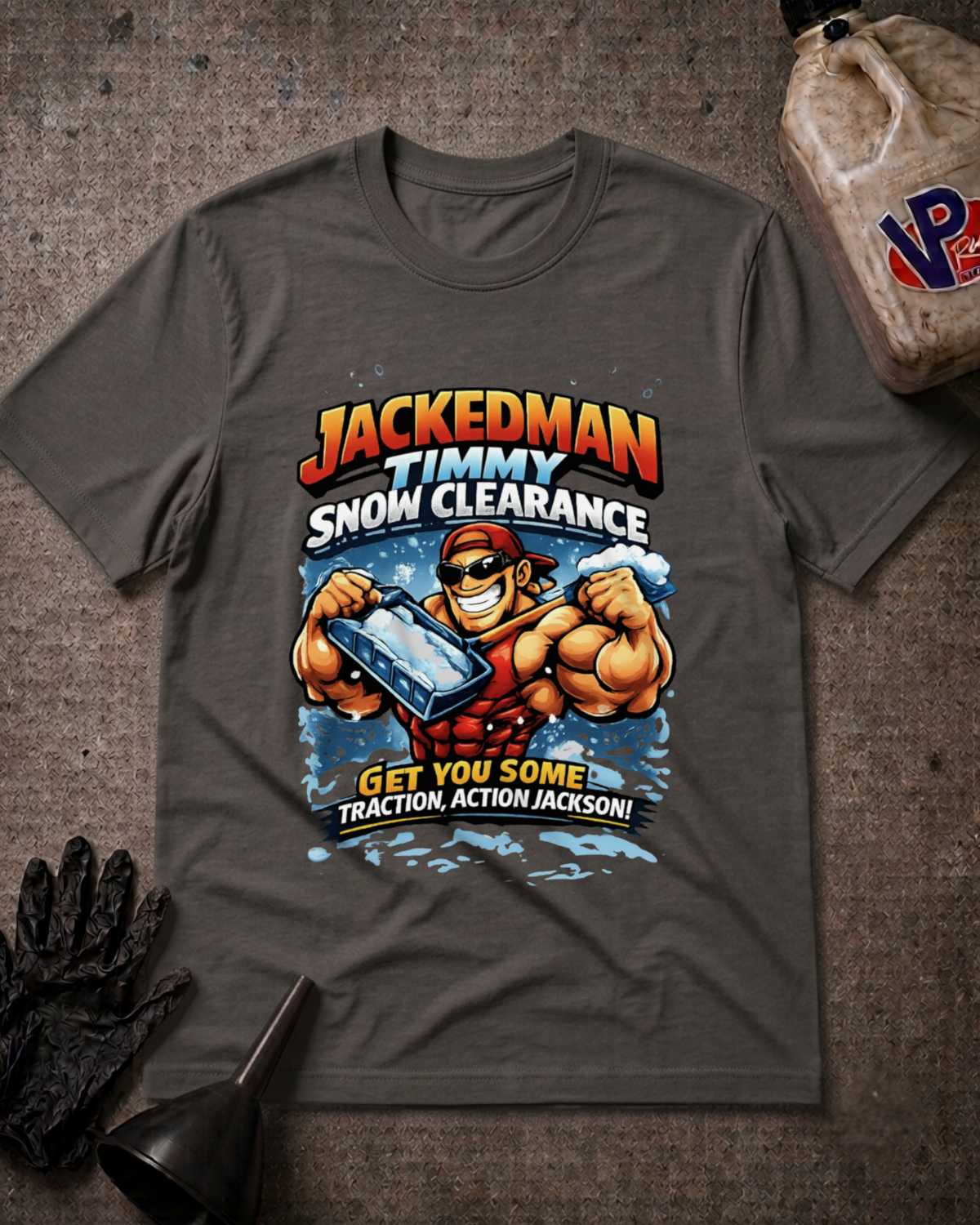 A dark gray graphic t-shirt laid flat on a textured gray surface, featuring a cartoon illustration of a muscular man in a red tank top holding a snowboard with the text 'JACKEDMAN TIMMY SNOW CLEARANCE' and 'GET YOU SOME TRACTION, ACTION JACKSON!'. A black glove, funnel, and a VP fuel jug are styled around the shirt.