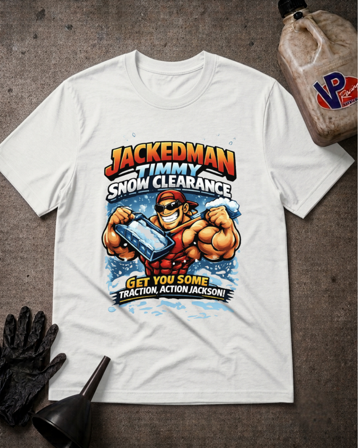 A white graphic t-shirt featuring a cartoon of a muscular snowman holding an ice block, with the text 'JACKEDMAN TIMMY SNOW CLEARANCE' and 'GET YOU SOME Traction, ACTION, JACKSON!'. The t-shirt is displayed in a flat-lay arrangement on a dark textured surface, accompanied by a black glove, a black funnel, and a plastic jug in the corners.