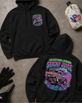 Black  hoodie with colorful graphic design and 'Jackstand Jemima Sticky Juice You Can Always Rip A Good One With Jemima's Juice' text on the back