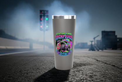 Grey Jackstand Jemima Sticky Juice tumbler on a drag racing track