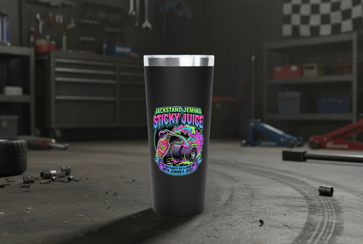 Black tumbler with colorful design in a workshop setting