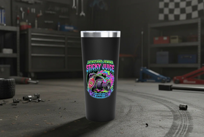 Black tumbler with colorful design in a workshop setting