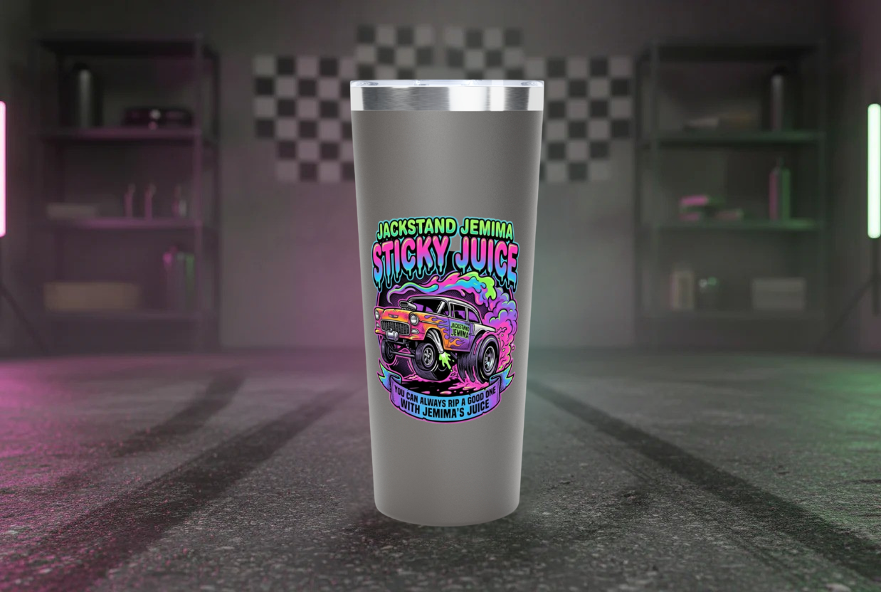 Grey tumbler with colorful Jackstand Jemima Sticky Juice graphic design with a motorsports garage background