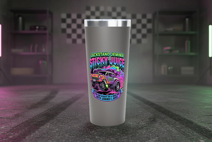 Grey tumbler with colorful Jackstand Jemima Sticky Juice graphic design with a motorsports garage background