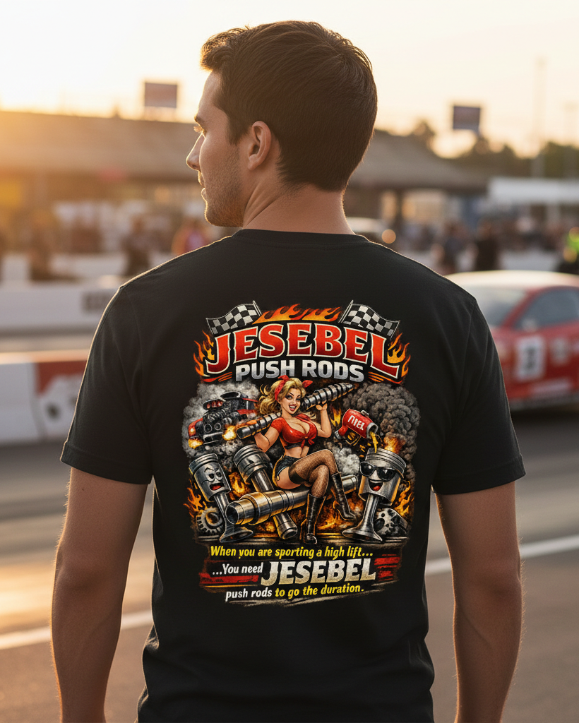Man wearing a black t-shirt with 'Jesabel Push Rods' graphic design at a race track.