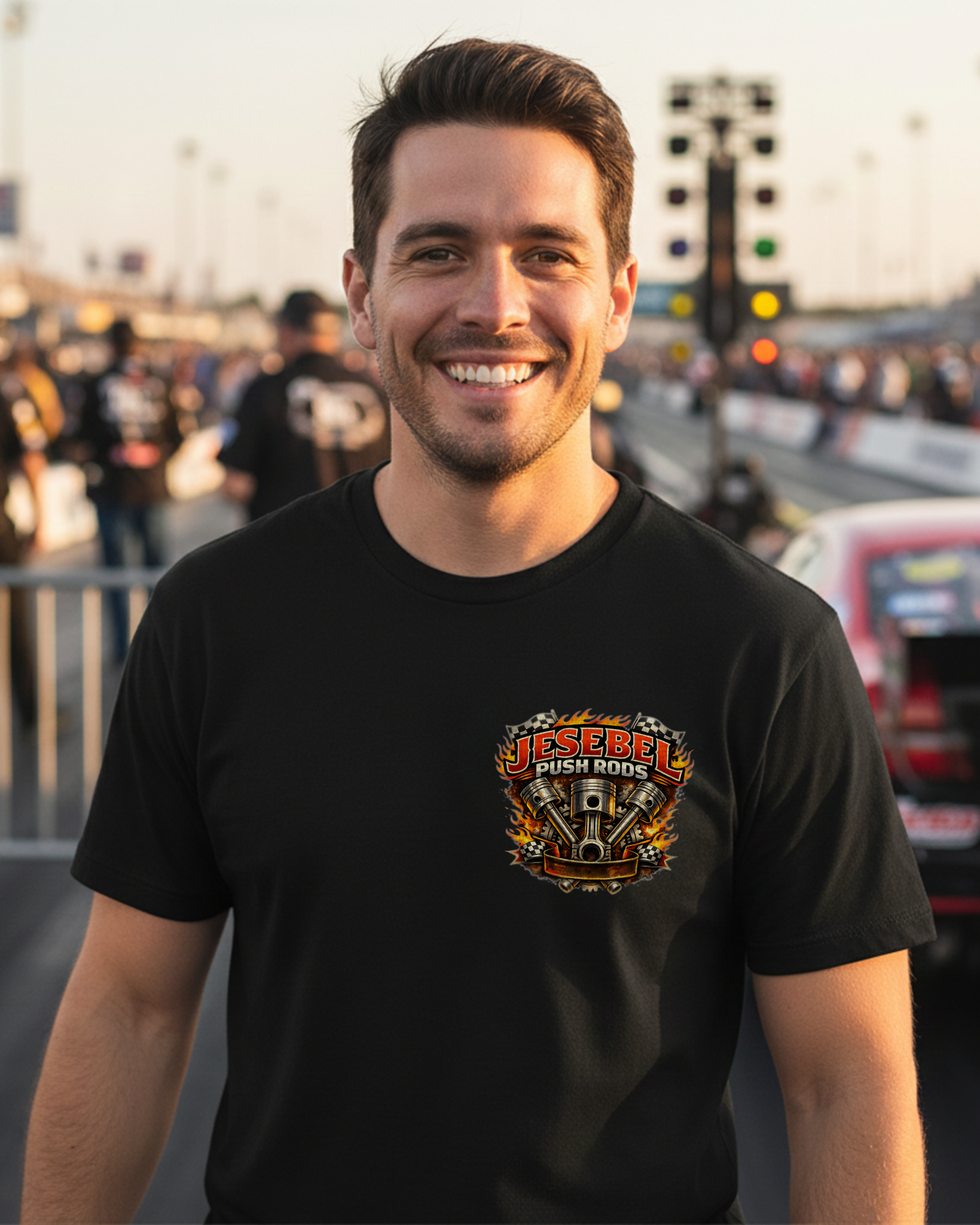 Man wearing a black t-shirt with a colorful 'Jesebel Push Rods' logo at drag race
