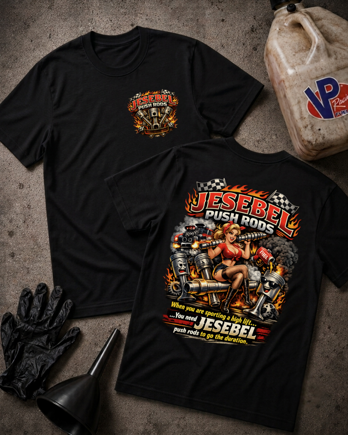 Two black graphic T-shirts laid flat on a textured gray surface, with automotive-themed artwork and text. A large plastic jug, black gloves, and a funnel are placed around them as styled props.