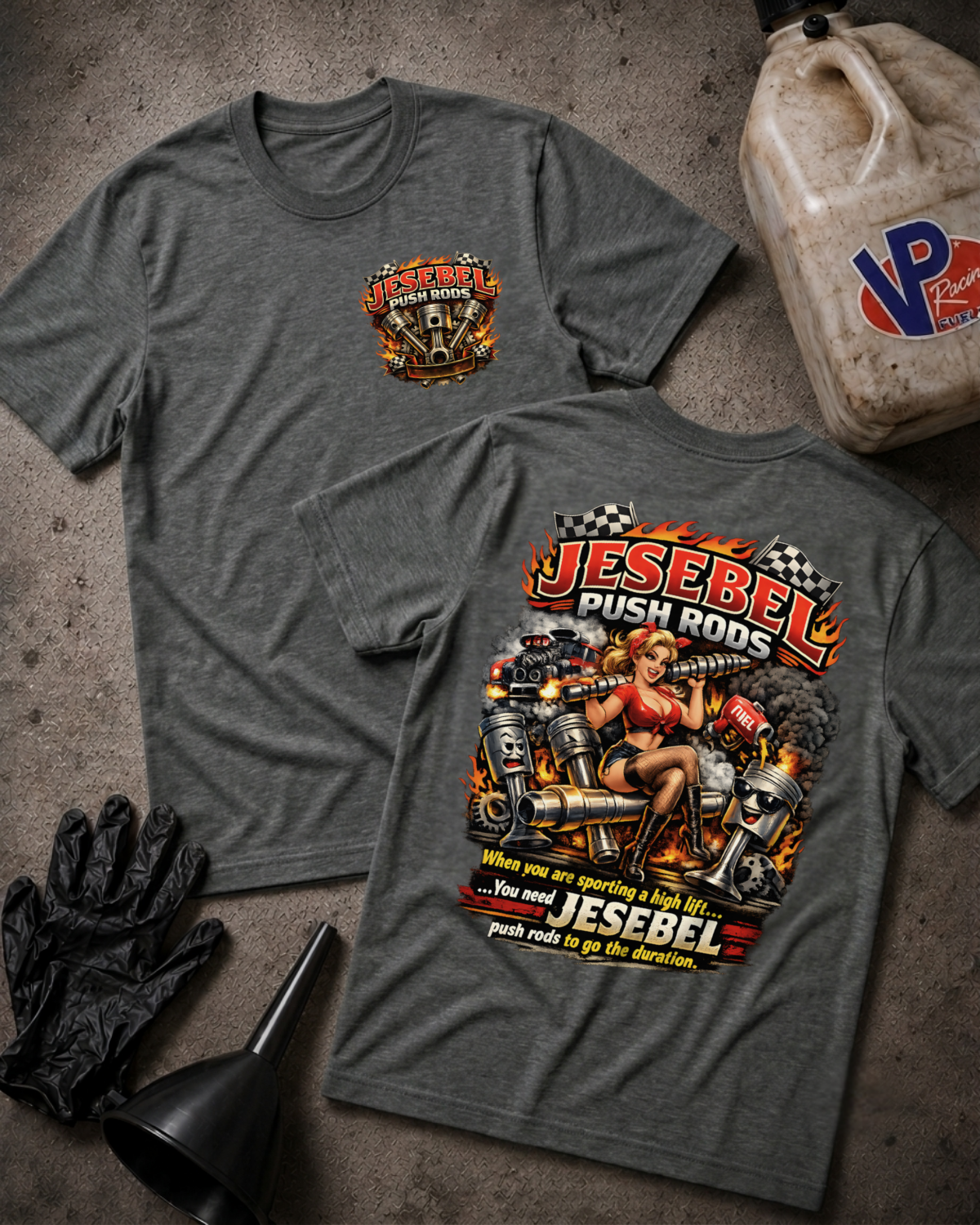 Two heather dark gray graphic T-shirts shown flat on a textured gray surface, with the front view on the left and back view on the right. The shirts feature a push rod-themed graphic with the text 'Jesebel Push Rods' and a pin-up style illustration.