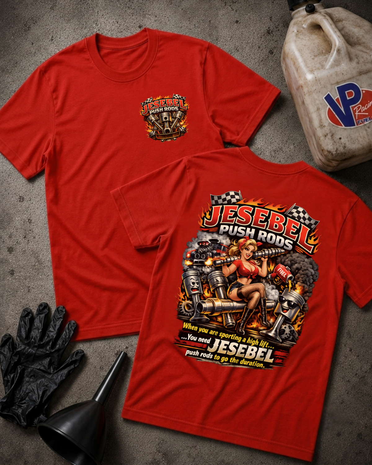 Two red graphic T-shirts laid flat on a gray concrete-like surface, with a fuel jug, black gloves, and black funnel as styled props. The front shirt shows a small chest graphic, and the back shirt shows a large graphic with the text 'Jesebel Push Rods' and additional graphic elements.