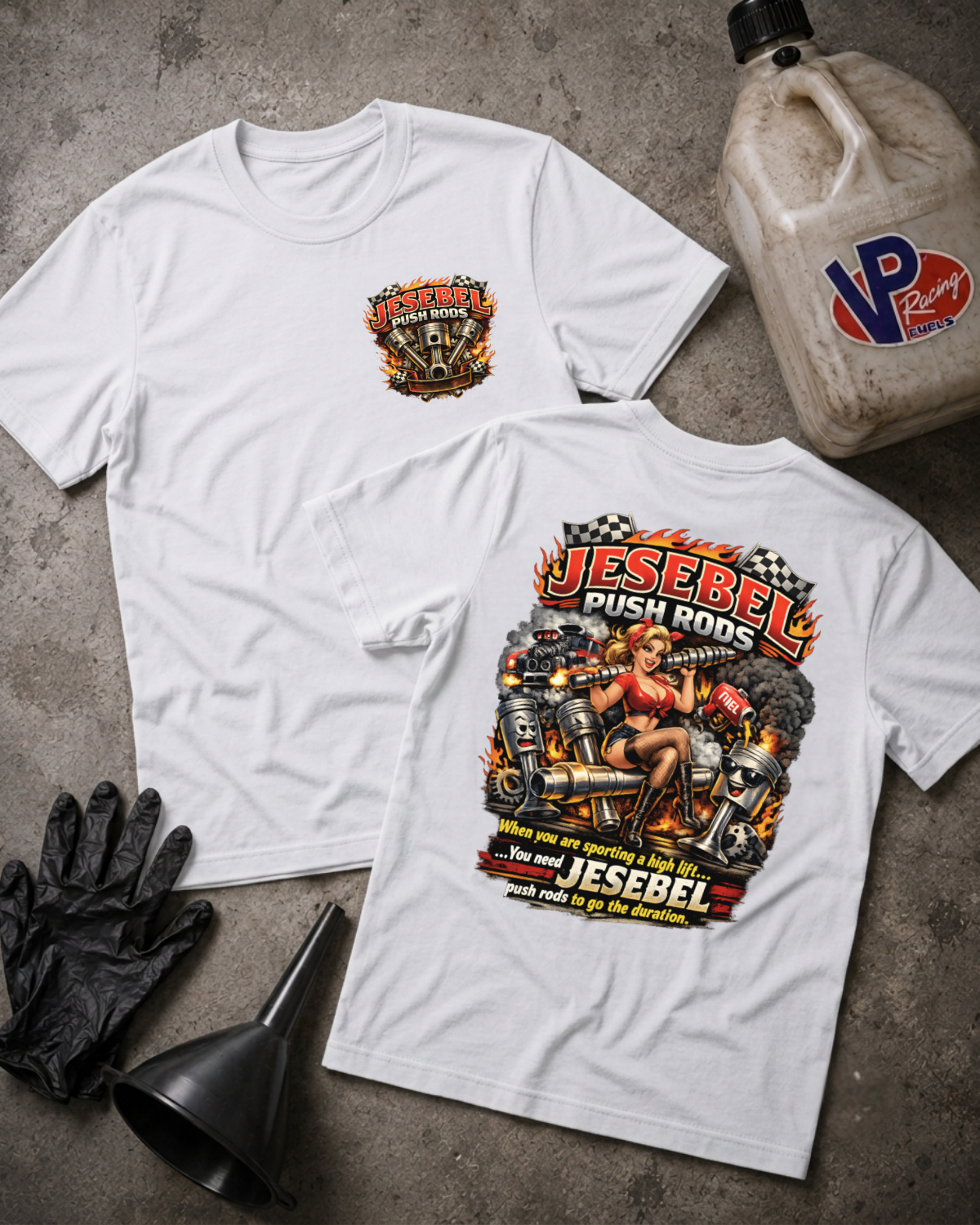 Two white graphic T-shirts laid flat on a gray concrete-style surface, showing the front and back designs. A large colorful Jesebel Push Rods graphic appears on the back, and a smaller matching chest graphic appears on the front.