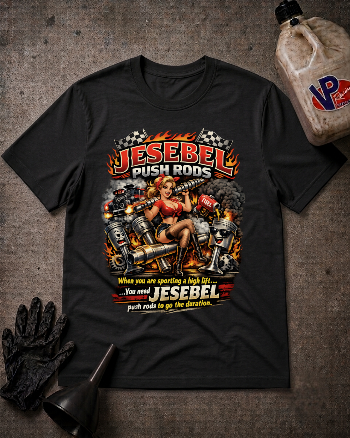 A black graphic t-shirt featuring a pin-up style illustration of a woman on a push rod with flames and the text 'JESEBEL PUSH RODS' and 'When you are sporting a high lift. You need JESEBEL push rods to go the duration.'