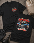 Front and back of Jim Bob’s Racing Push Bars black T-shirt with chest logo, man driving a golf cart behind a drag car, and “Don’t get shook up. We have your hook up.” slogan.