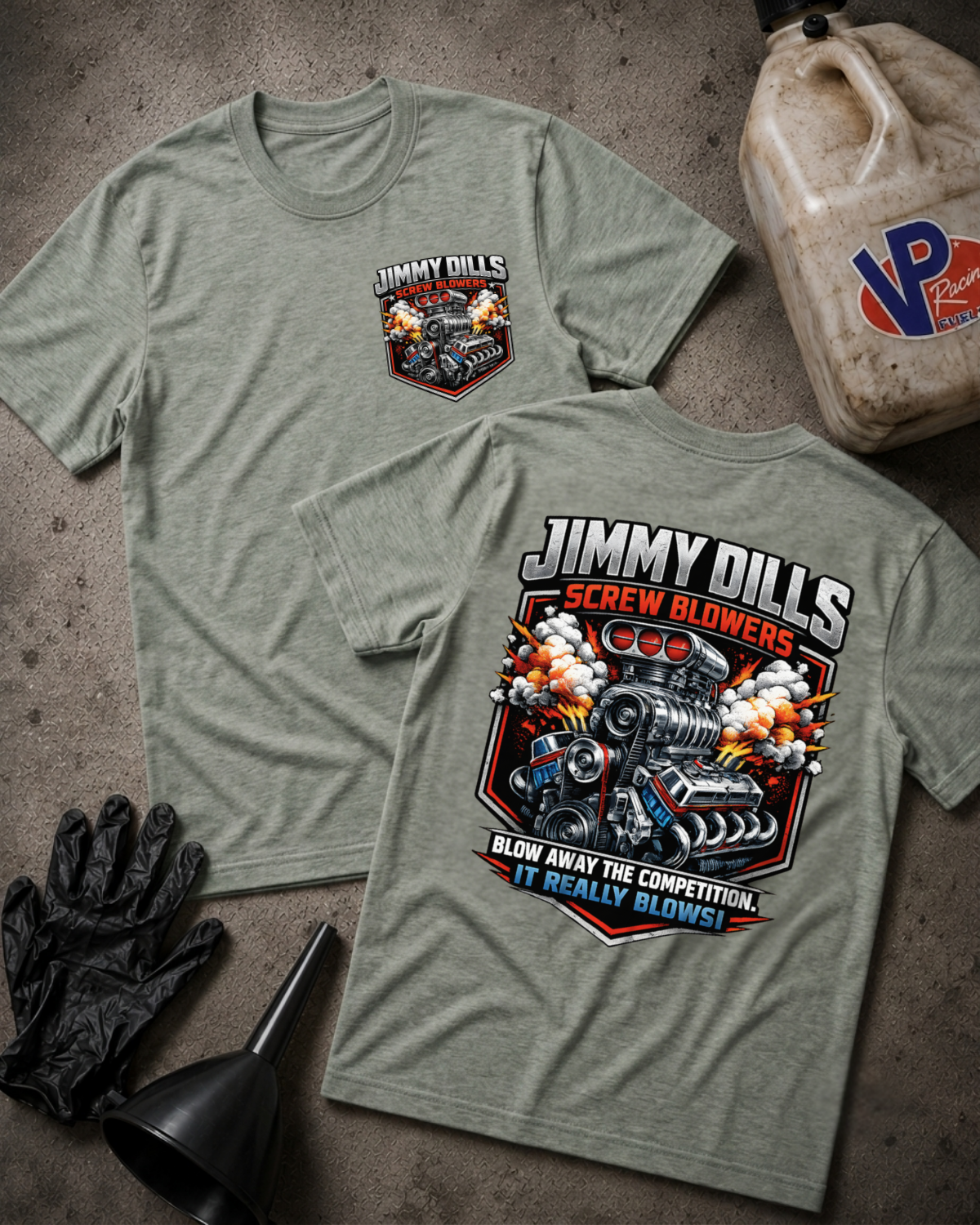 Two athletic heather t-shirts displayed flat on a textured gray surface, showing the front and back of the design. The front features a small chest graphic, while the back features a large graphic of a high-performance engine with the text 'JIMMY DILLS SCREW BLOWERS' and 'BLOW AWAY THE COMPETITION, IT REALLY BLOWS!'.