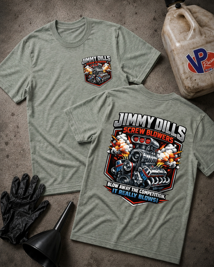 Two athletic heather t-shirts displayed flat on a textured gray surface, showing the front and back of the design. The front features a small chest graphic, while the back features a large graphic of a high-performance engine with the text 'JIMMY DILLS SCREW BLOWERS' and 'BLOW AWAY THE COMPETITION, IT REALLY BLOWS!'.