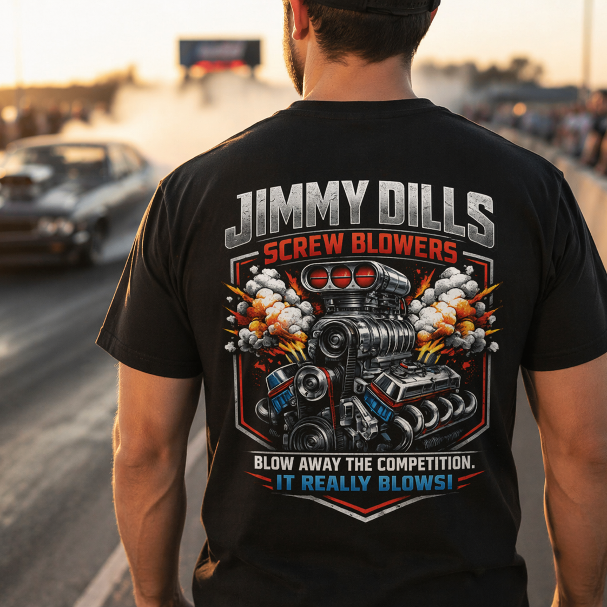 Man wearing Jimmy Dills Screw Blowers drag racing shirt with large back graphic at the track during sunset