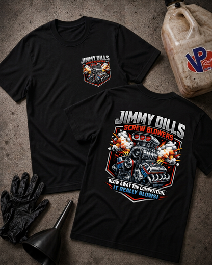 Two black graphic T-shirts laid flat on a textured gray surface, showing the front and back designs. The shirts feature a motorcycle and engine graphic with the text 'JIMMY DILLS SCREW BLOWERS' and 'BLOW AWAY THE COMPETITION.