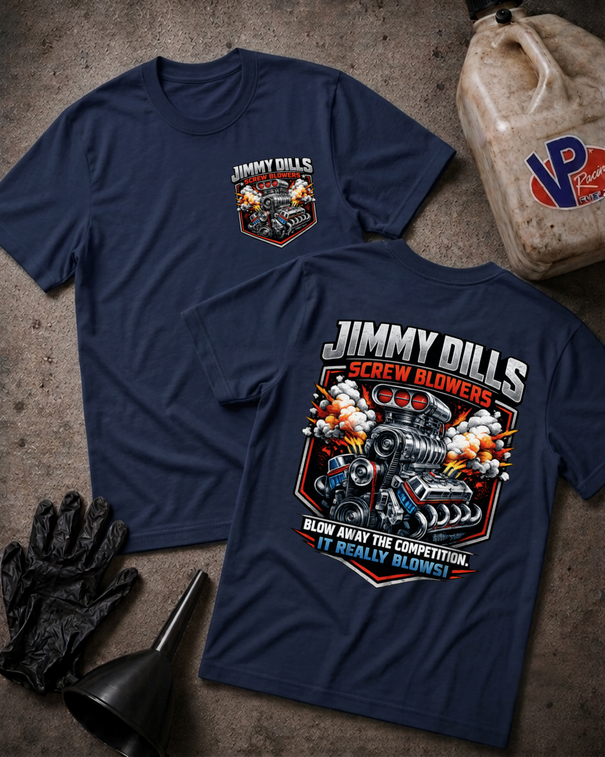 Two navy blue graphic T-shirts laid flat on a textured concrete surface, showing the front and back designs for 'Jimmy Dills Screw Blowers'. The shirts are styled with black mechanic gloves, a black funnel, and a plastic oil jug with a VP logo.