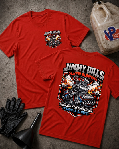 Two red graphic T-shirts laid flat on a gray concrete-style surface, showing the front and back designs. The shirts feature a 'Jimmy Dills Screw Blowers' automotive graphic.