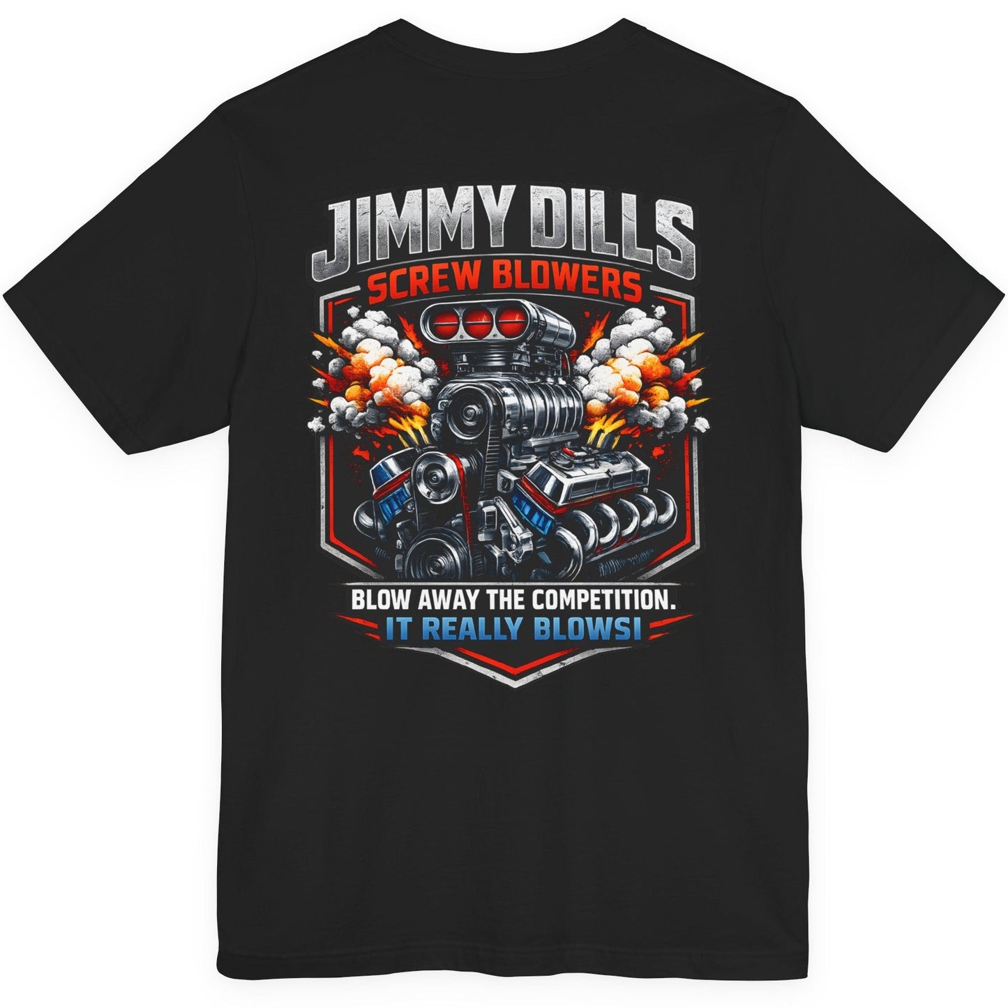 Black drag racing t-shirt back view with large Jimmy Dills Screw Blowers graphic design