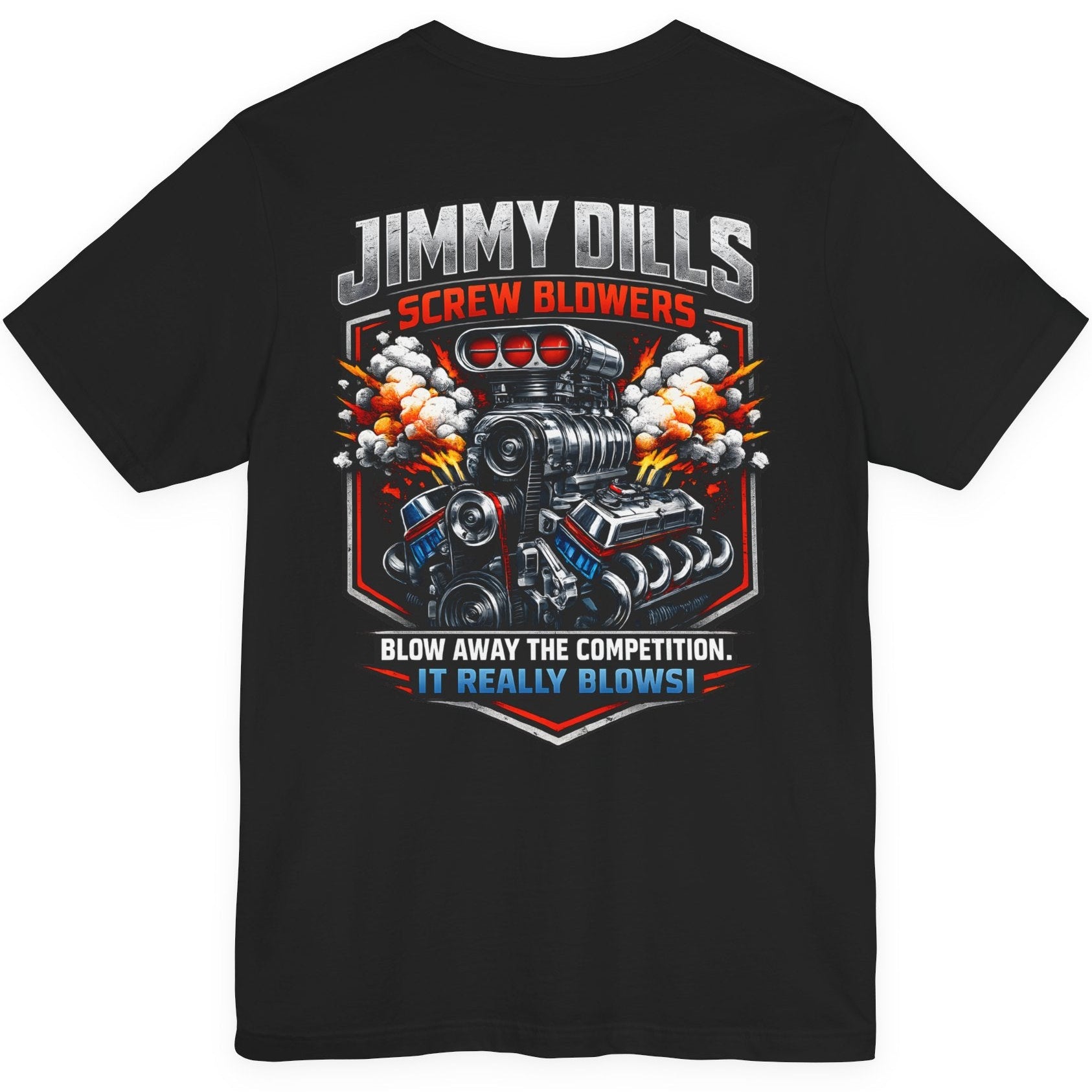 Black drag racing t-shirt back view with large Jimmy Dills Screw Blowers graphic design
