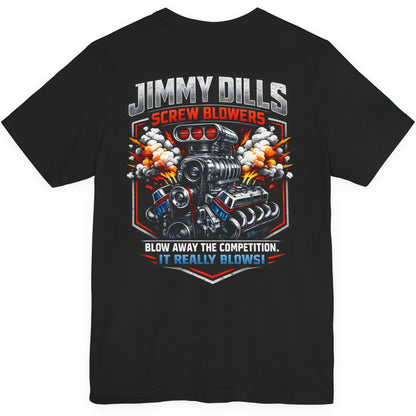 Black drag racing t-shirt back view with large Jimmy Dills Screw Blowers graphic design