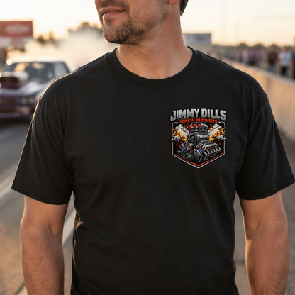 Man wearing black drag racing t-shirt with Jimmy Dills Screw Blowers chest logo at the track