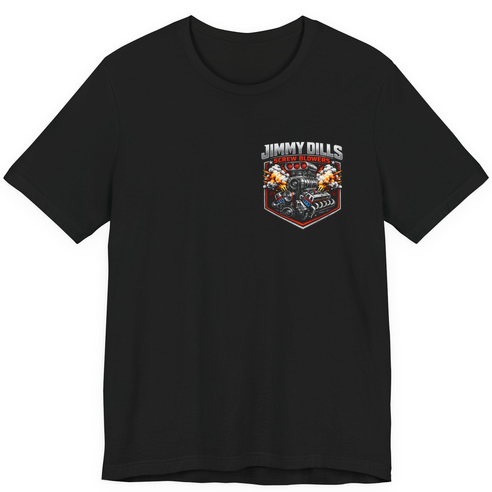Black Jimmy Dills Screw Blowers drag racing t-shirt front view with small chest logo