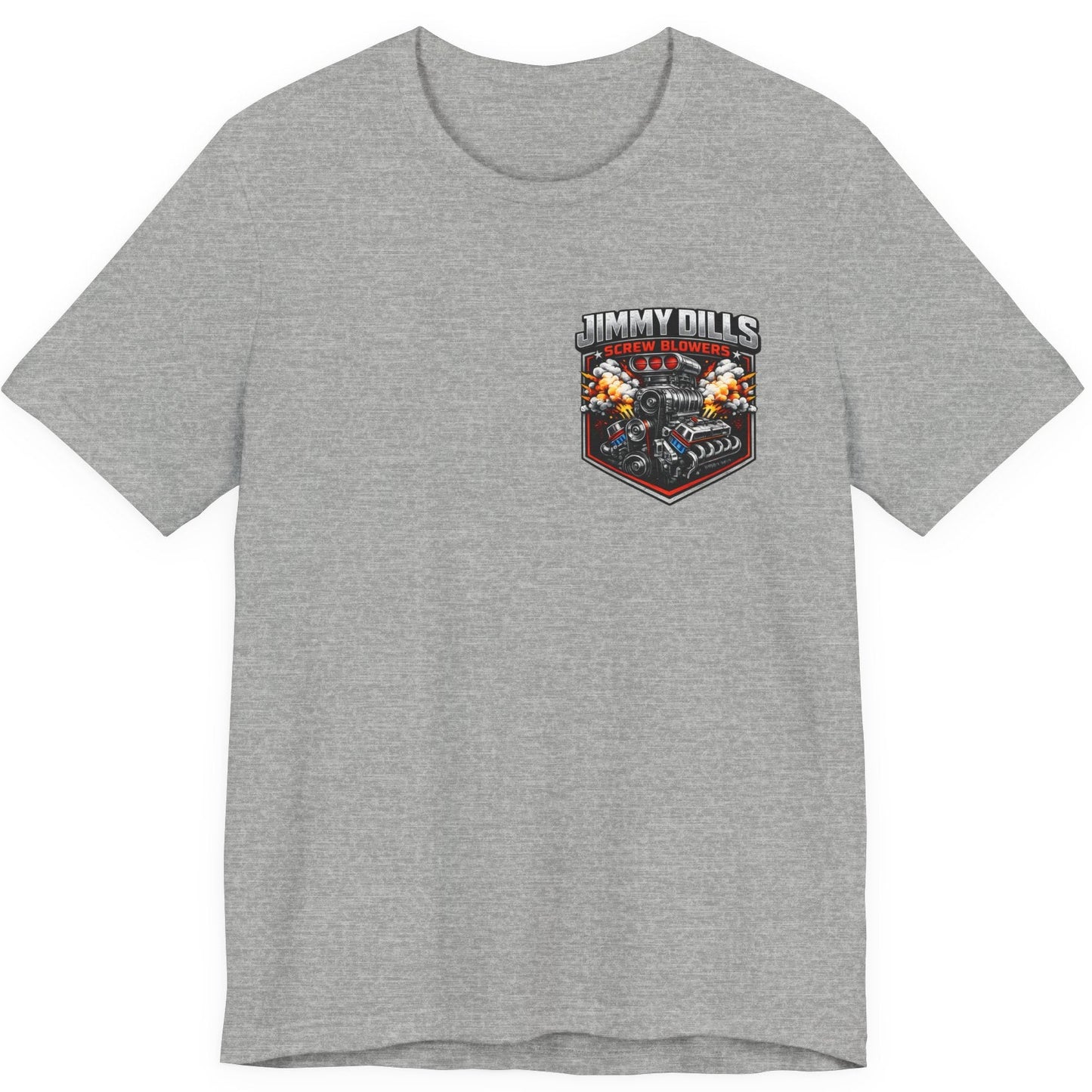 Gray Jimmy Dills Screw Blowers drag racing t-shirt front with chest logo