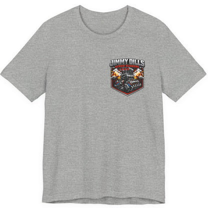 Gray Jimmy Dills Screw Blowers drag racing t-shirt front with chest logo