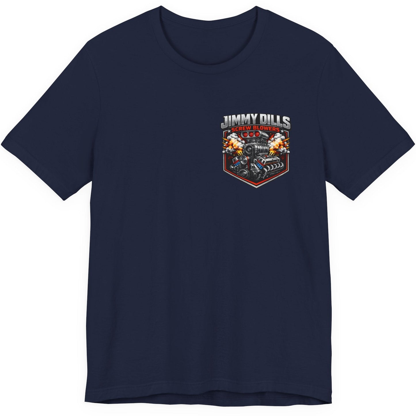 Navy blue Jimmy Dills Screw Blowers car guy t-shirt front view with logo