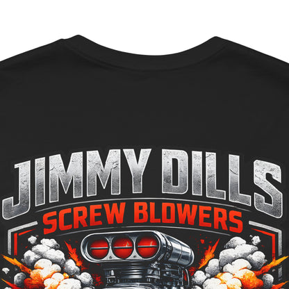 Close-up of Jimmy Dills Screw Blowers t-shirt print showing fabric texture and detailed graphic