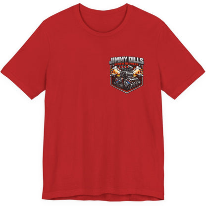 Red drag racing t-shirt with Jimmy Dills Screw Blowers chest logo front view