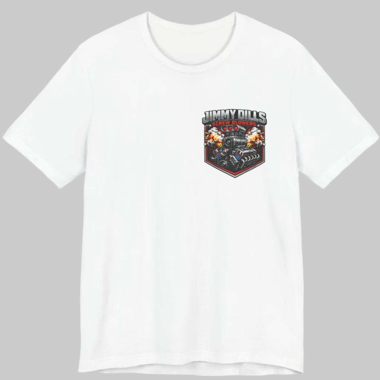 White Jimmy Dills Screw Blowers motorsports t-shirt front with small logo