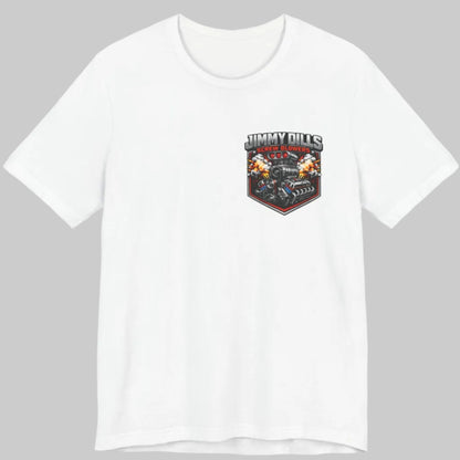 White Jimmy Dills Screw Blowers motorsports t-shirt front with small logo