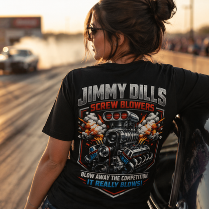 Woman wearing Jimmy Dills Screw Blowers drag racing shirt with bold back design leaning against car at drag strip
