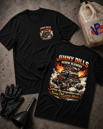 Two black graphic T-shirts laid flat on a textured gray surface, with a large front chest print and a larger back graphic reading 'Jimmy Dills Screw Blowers.' A plastic jug, black gloves, and funnel are placed around them as styled props.