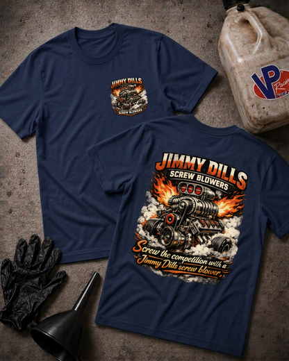 Two navy blue graphic t-shirts displayed flat on a textured gray surface, showing both the front and back designs. The front features a small chest graphic, while the back features a large graphic of a hot rod engine with flames and the text 'JIMMY DILLS SCREW BLOWERS'.
