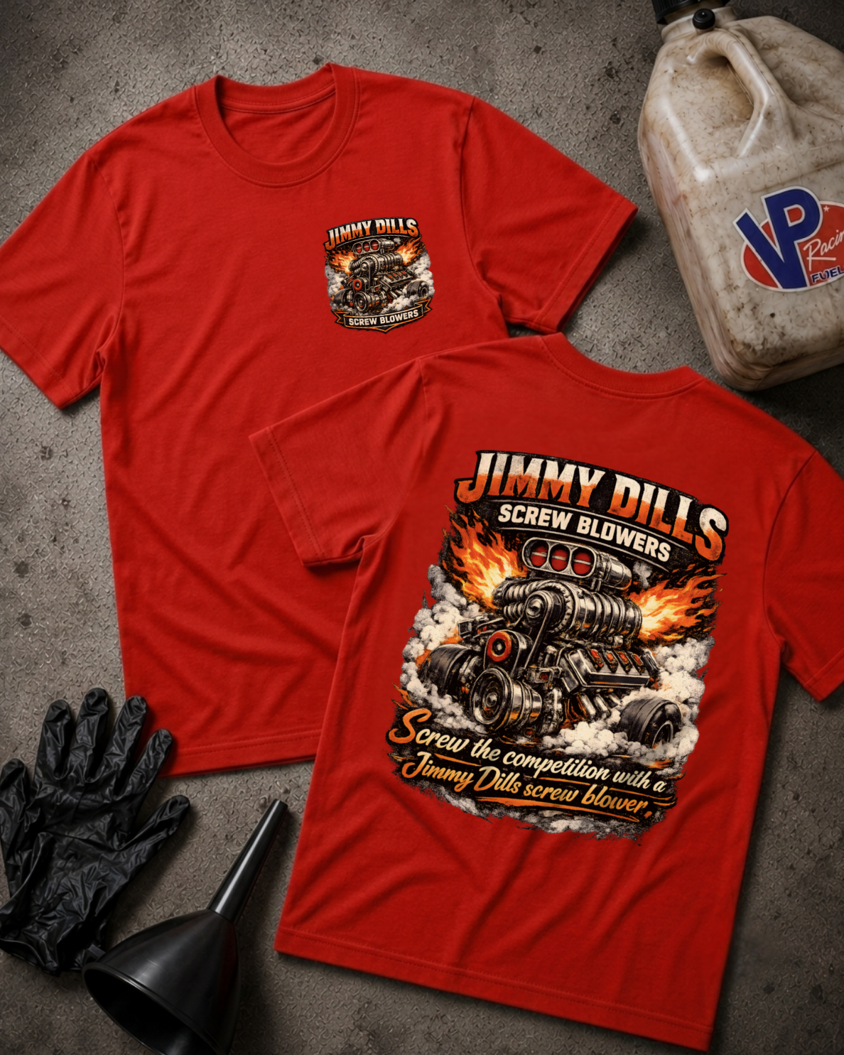 Two red graphic T-shirts laid flat on a gray concrete-style surface, showing the front and back designs. The shirts feature a large flame-and-engine graphic with the text 'JIMMY DILLS SCREW BLOWERS' and smaller slogan text.