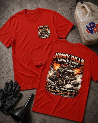 Two red graphic T-shirts laid flat on a gray concrete-style surface, showing the front and back designs. The shirts feature a large flame-and-engine graphic with the text 'JIMMY DILLS SCREW BLOWERS' and smaller slogan text.