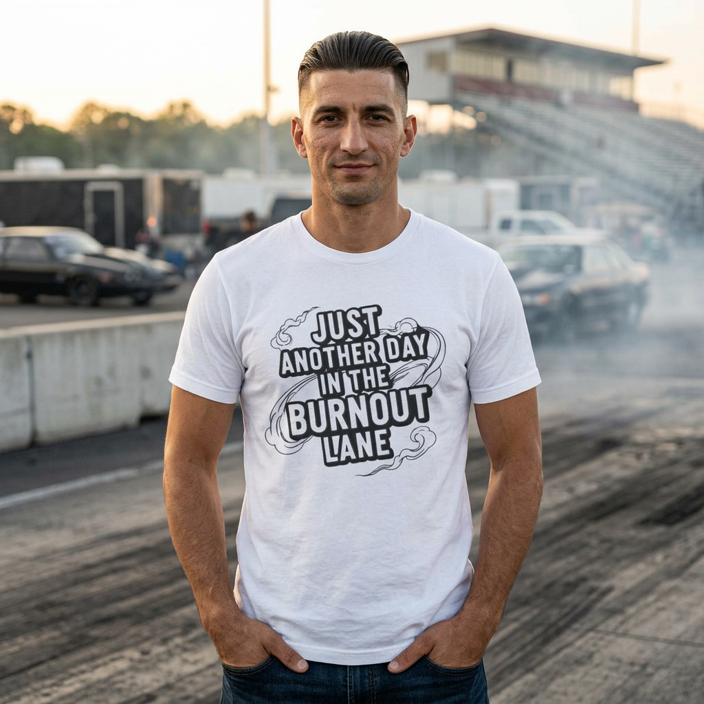 Man wearing a white t-shirt with 'Just Another Day In The Burnout Lane' text at a race track