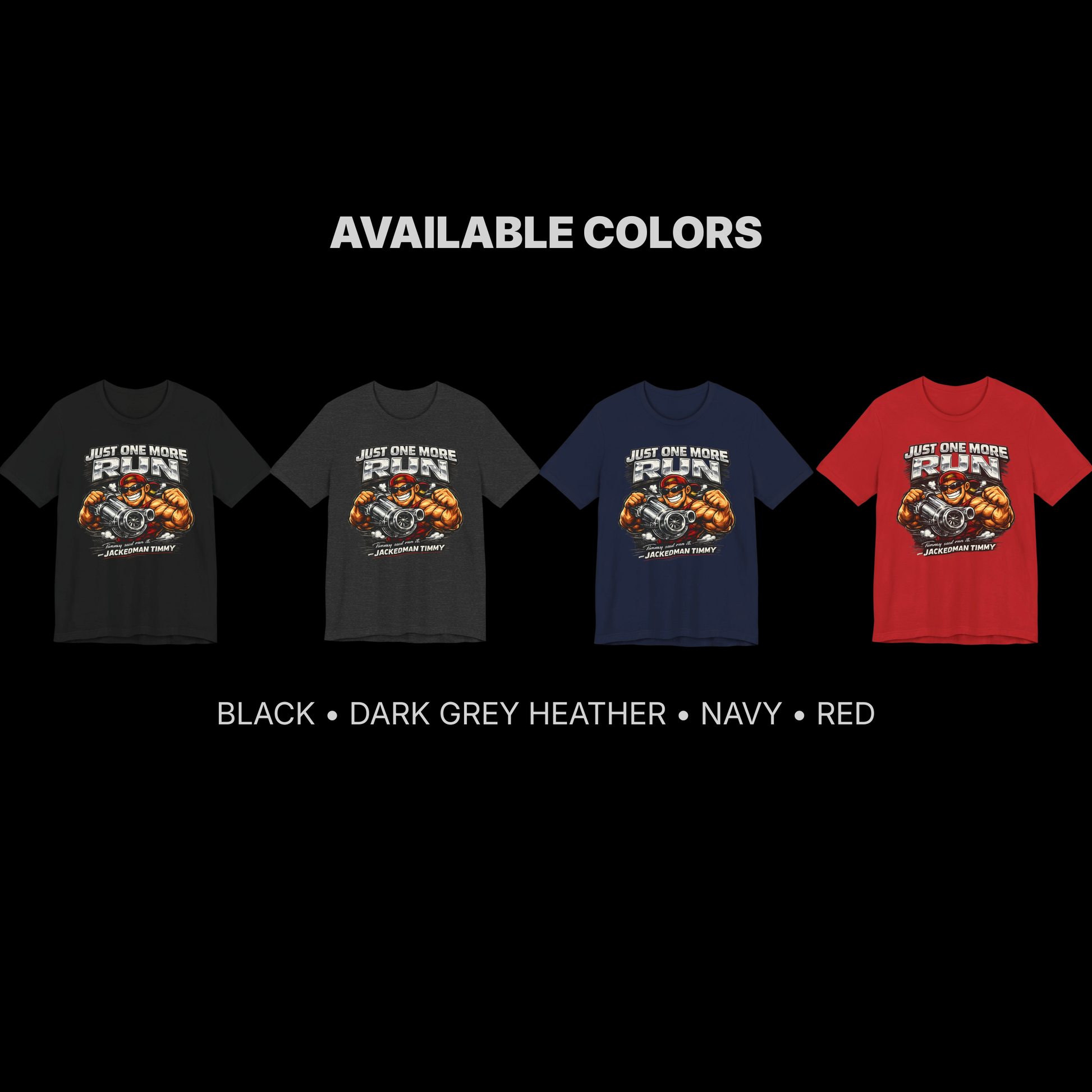 Four t-shirts in black, dark grey heather, navy, and red with a graphic design on a black background.