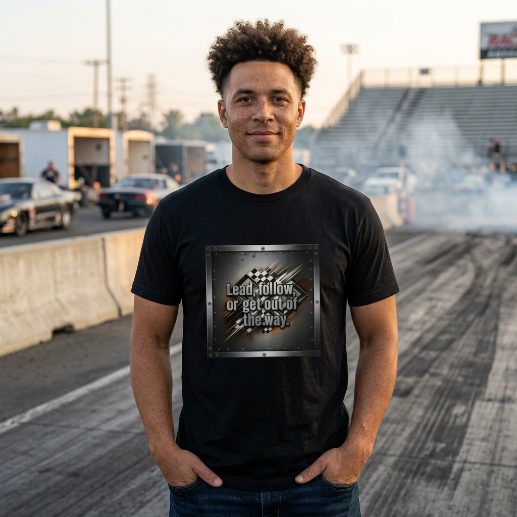 Man wearing a black t-shirt with a graphic design and 'Lead, follow, or get of the way' text on a race track