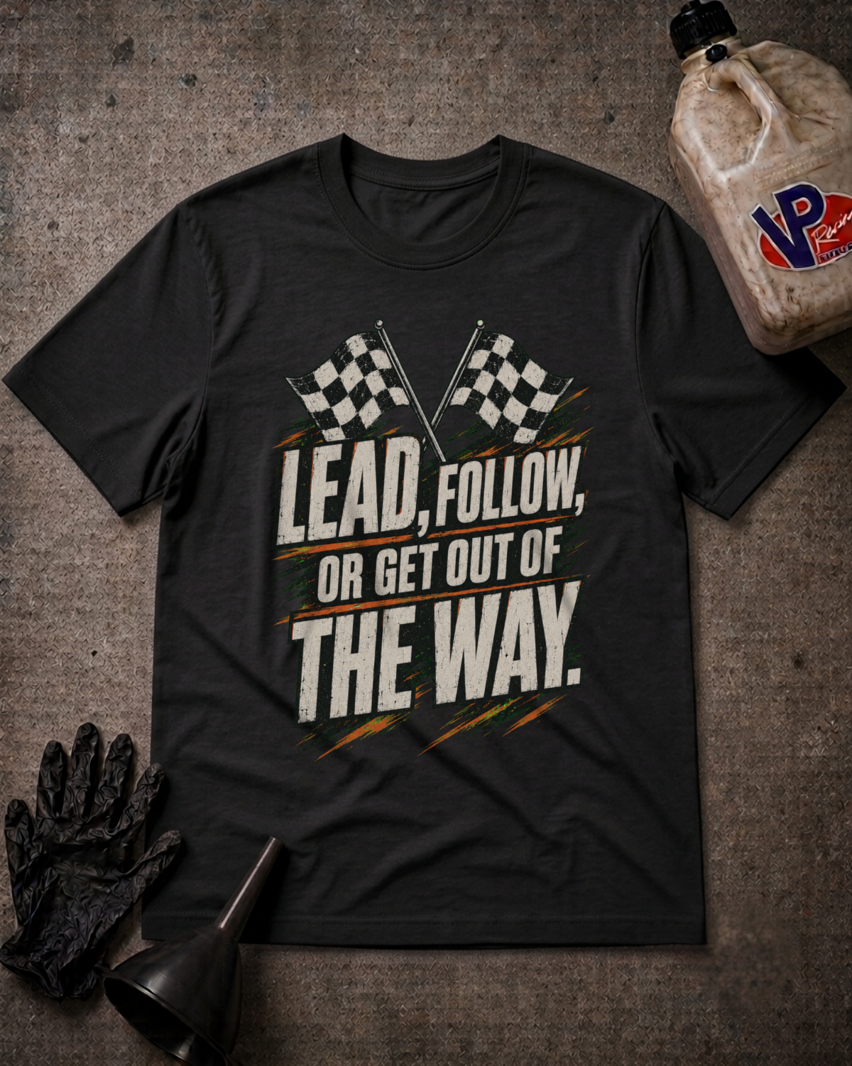 A black graphic t-shirt laid flat on a textured gray surface, surrounded by racing-themed props including a bottle of oil, a black glove, and a funnel. The shirt features a distressed white and orange graphic with two checkered flags and the text 'LEAD, FOLLOW, OR GET OUT OF THE WAY.