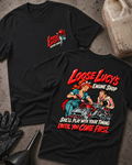 Black Loose Lucy’s Engine Shop T-shirt showing the front chest logo and back cartoon of a woman mechanic timing a hot rod engine with a timing light, “She’ll Play With Your Timing Until You Come First,” with gloves, funnel, and oil jug props.