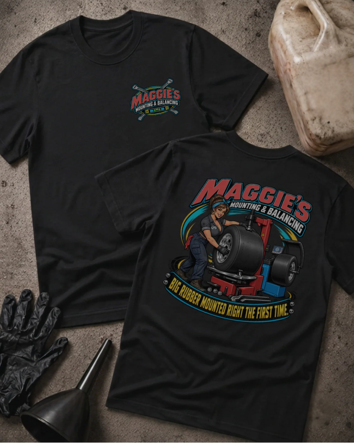 Front and back of Maggie’s Mounting & Balancing black T-shirt with chest logo, woman working with tire equipment, and “Big rubber mounted right the first time” slogan.