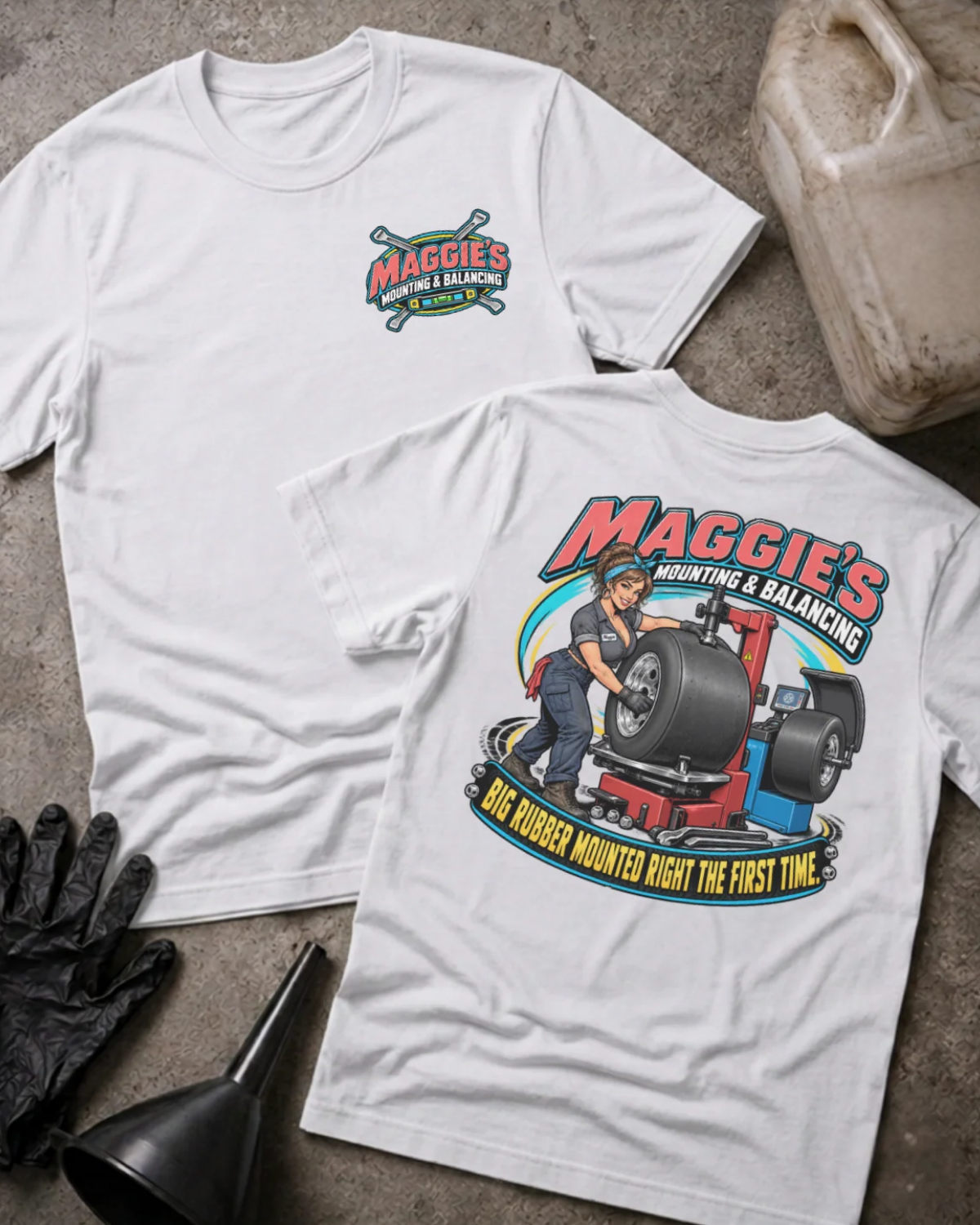 Front and back of Maggie’s Mounting & Balancing white T-shirt with chest logo, woman working with tire equipment, and “Big rubber mounted right the first time” slogan.