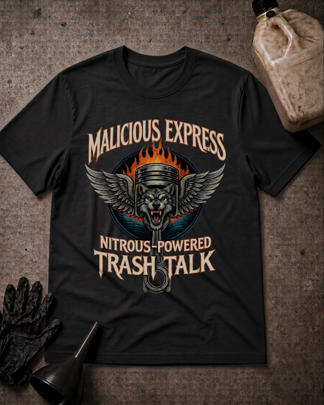 Malicious Express Wolf Piston Tee in Black, flat lay with an unbranded prop bottle.