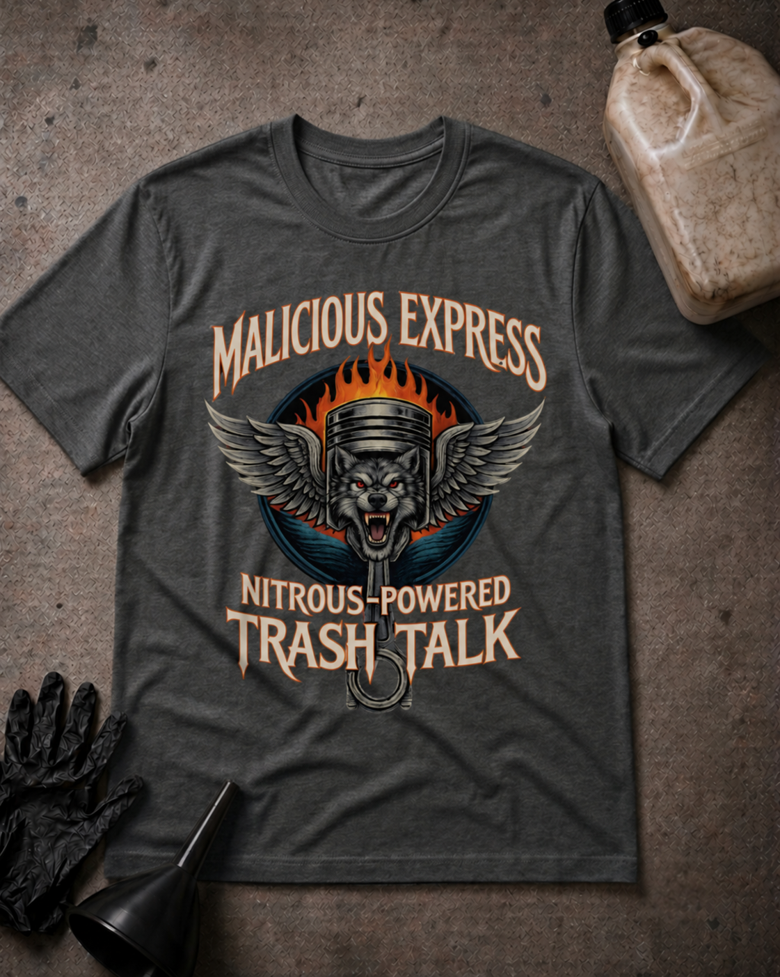 Malicious Express Wolf Piston Tee in Dark Grey Heather, flat lay with an unbranded prop bottle.